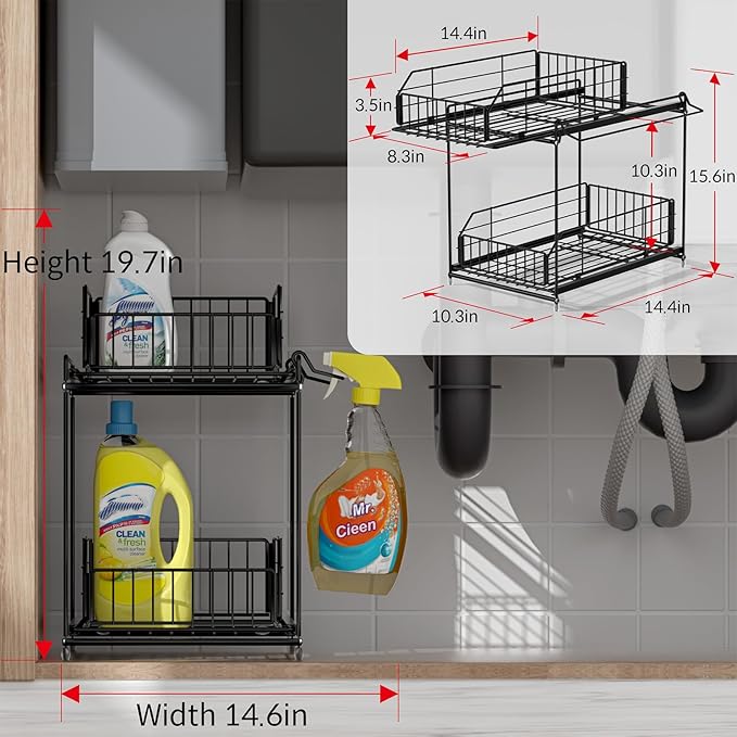 SUEH DESIGN Under Sink Organizer, 2 Tier Bathroom Cabinet Organizer Metal Kitchen Sink Organzier with Hanging Rail for Kitchen Bathroom Organization and Storage, 1 Pack-NeatNest