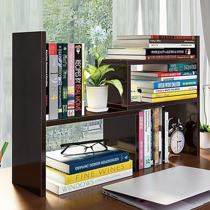Desktop Shelf Organizer, Adjustable Wood Office Storage Rack, Counter Display Small Bookshelf for Home/Office/School(Dark Walnut)-NeatNest