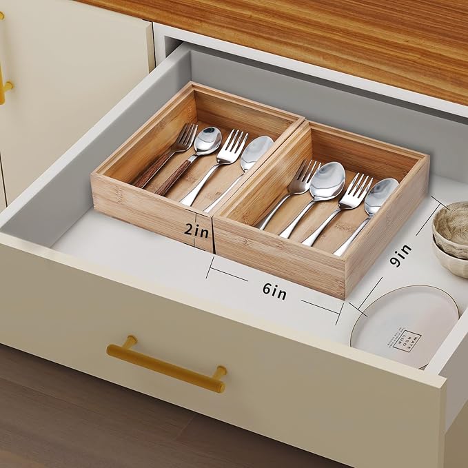Bamboo Drawer Organizer, 2PCS Stackable Storage Boxes for Utensil Organizer, Wood Tray for kitchen, Bathroom and Bedroom 9" x 6" x 2"-NeatNest