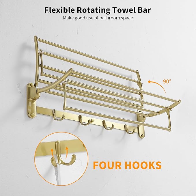 BESy 24 Inch Brushed Gold Towel Racks, Bathroom Towel Shelf with Foldable Towel Bar Holder and Towel Hooks, Wall Mounted Multifunctional Bathroom Accessories, Double Towel Bars-NeatNest