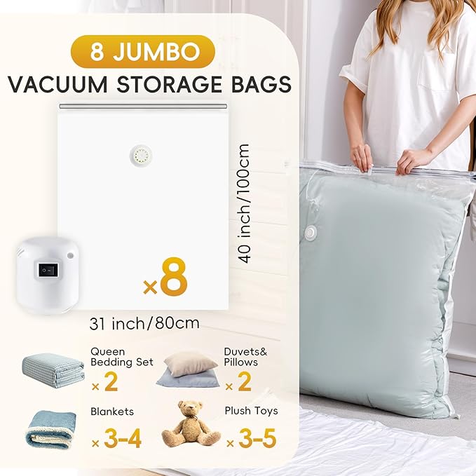 Vacuum Storage Bags with Electric Pump,8 Extra Large Jumbo storage Space Saver Bags (40x31 Inch) for Bedding,Comforters,Blankets,Clothing,Pillows,Jackets,Coats,Vacuum Seal Bags for clothing-NeatNest