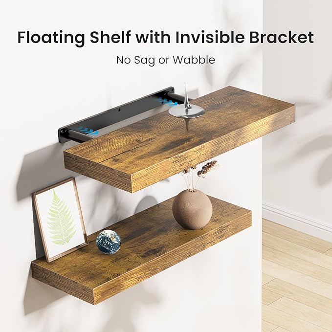 AMADA HOMEFURNISHING Floating Shelves, Wall Shelves for Bathroom/Living Room/Bedroom/Kitchen Decor, Decor Shelf with Invisible Brackets Set of 3, Rustic Brown - AMFS07V-NeatNest
