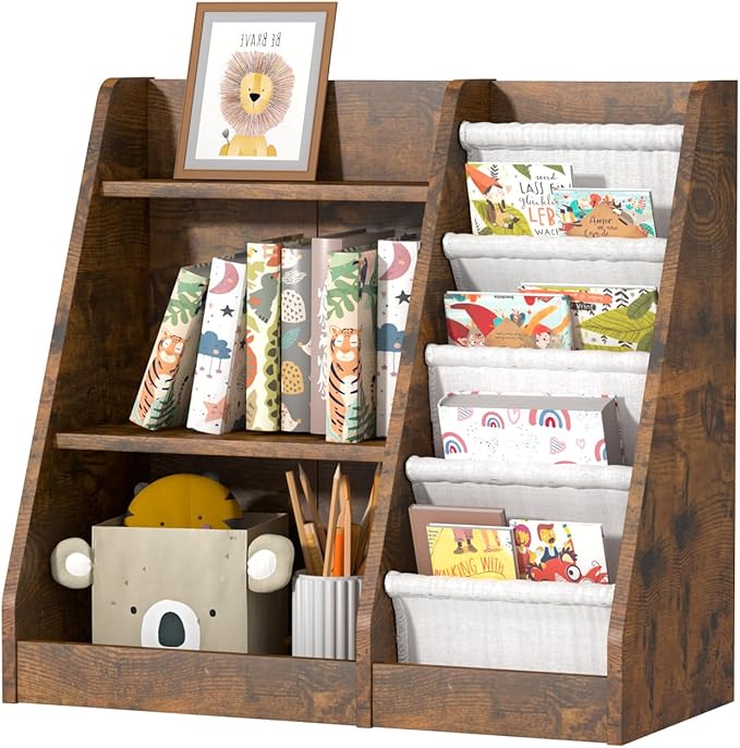 3 Tier Kid Bookshelf Wooden 4 Sling Children Bookcase Adjustable Toddler Book Rack Display Toy Storage Organizer Book Display Shelf Stand Classroom Bedroom Nursery Playroom,25 inch(Rustic)