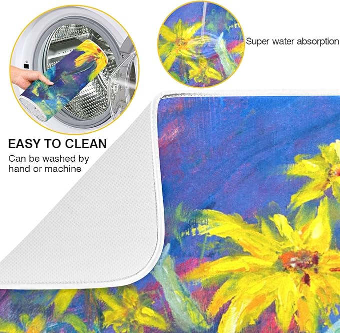 Absorbent Dish Drying Mat for Kitchen Counter - Oil Painting Flowers Microfiber Drying Pad, Reversible Drainer Mats for Countertop, Large 18" x 24"