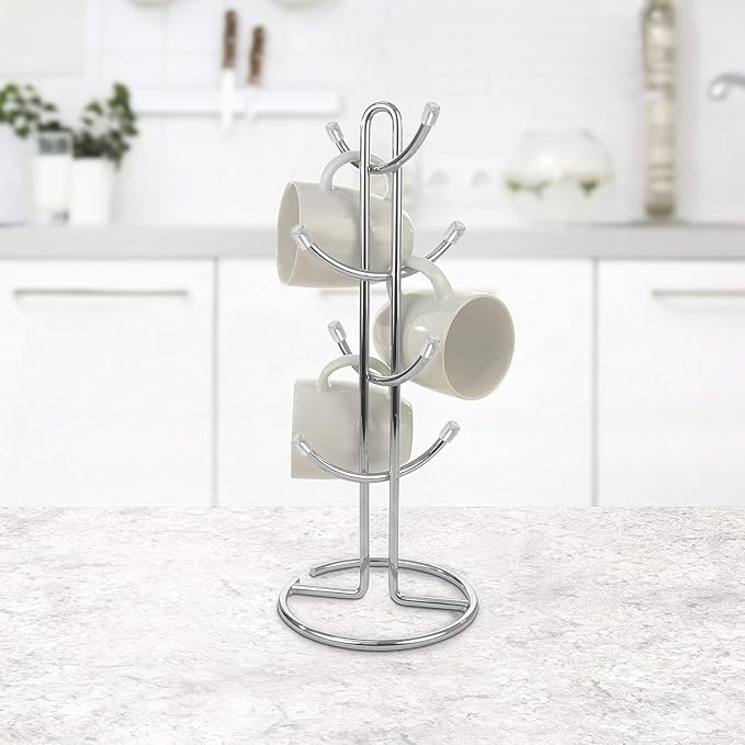 FitWell Mugs Holder, Mug Tree, Coffee Mug Holder, Coffee Mug Tree, Mug Organizer for Cabinet, Mug Holder Stand, Coffee & Tea Cup Storage Rack (Chrome, 8 Mugs Holder (17.5"H))-NeatNest