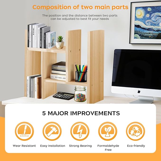 Desk Organizer Shelf Wooden Desktop Bookshelf Adjustable Desktop Organizer Shelves Small Book Shelf for Office Desk Supplies Home Storage Natural Stand Decor (Beige, Style1)-NeatNest