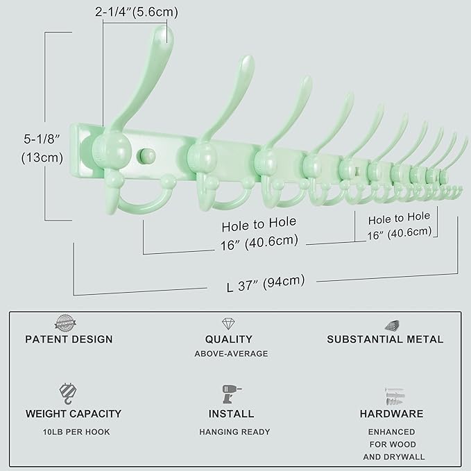 Dseap MaxStrong 2.0 Coat Rack Wall - 37” Long 10 Tri Hooks - Ultra Heavy-Duty Stainless Steel Wall Mount Coat Hanger, Hook Rail for Clothes Hats Jacket Towels Green, Pack of 2