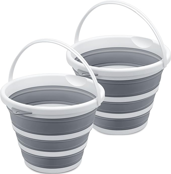 2-Pack Collapsible Bucket 2.6 Gal/10L, BPA-Free - Space-Saving, Portable Foldable Water Pail for Versatile Use, Home, Outdoors, Car Wash, Camping, Fishing - Grey