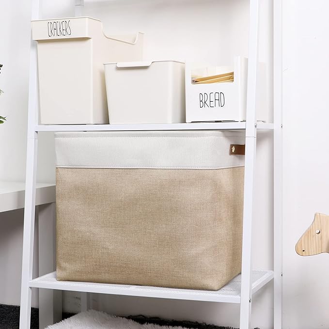 DULLEMELO Large Collapsible Storage Basket/Bin with Sturdy Leather Handles, Fabric Organizer Bin for Storage Clothes, Toys, Books, Office, Bedroom, Closet, Nursery & Laundry (White&Khaki)-NeatNest