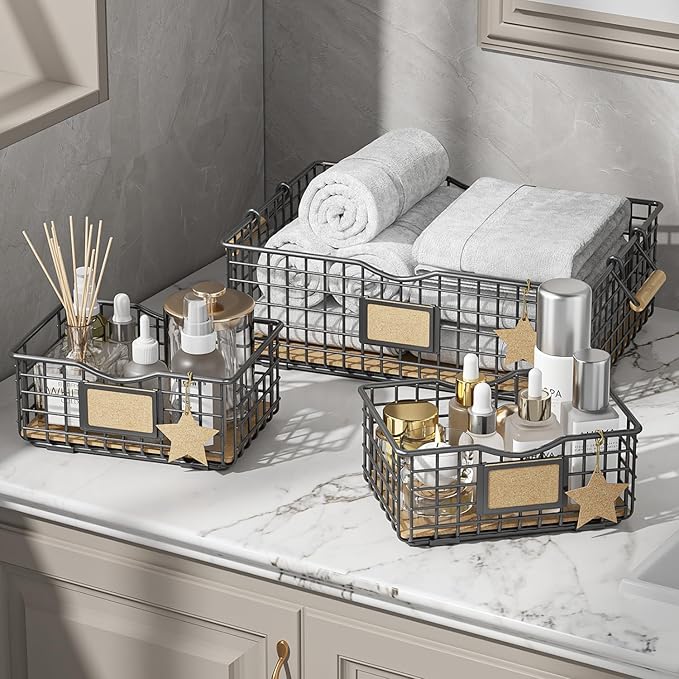 Bathroom Tray Organizers and Storage, 3 Pack Storage Baskets with Wooden Handles, Multipurpose for Bathroom, Coffee Bar, Kitchen cabinet, Living Room - Grey-NeatNest