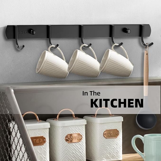 2 Pack 5 Single-Hook Wall Coat Rack - Thickened 304 Stainless Steel Hook Racks, Modern Coat Rack with Hooks, Durable Wall Hangers, Jacket Hooks, Towel Rack, Matte Black