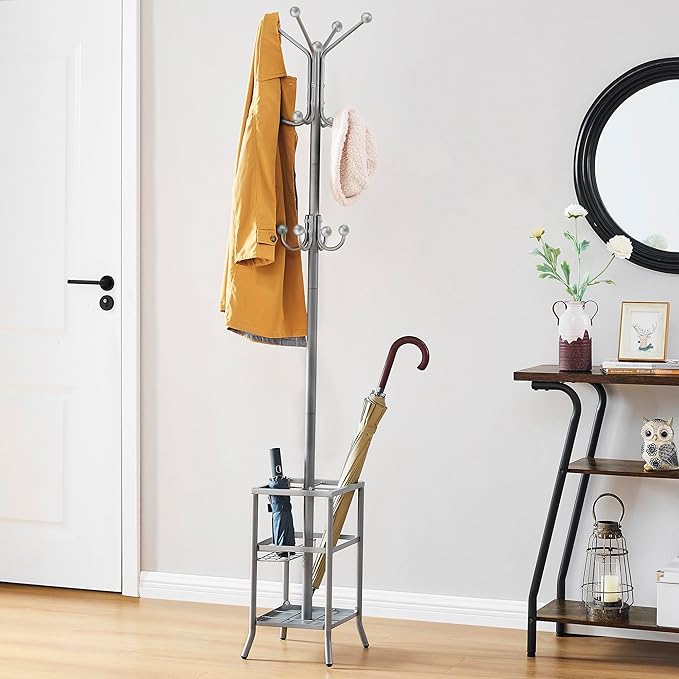 FAVOOSTY Coat Rack Freestanding,Coat Rack Stand with Umbrella Holder,Metal Coat Tree with 12 Hooks,Tree Clothes Hat for Entryway, Hallway, Bedroom, Living Room & Office - Silver Grey-NeatNest
