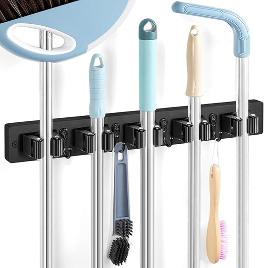 Black Broom Holder Wall Mount - Heavy Duty Wood Mop and Broom Organizer with 5 Slots & 4 Hooks - Sturdy Garden Tool Hanger for Laundry Room Closet Kitchen Garage Storage and Organization-NeatNest