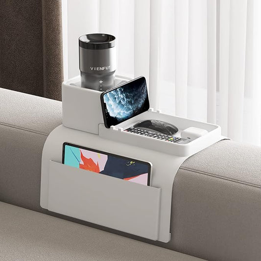 Couch Cup Holder Tray, VIENFUT Silicone Anti-Slip Sofa Armrest Tray with Side Pockets, BPA-Free Anti-Spill Couch Drink Holder for YETI, Remote, Snacks, Cellphone and iPad, Ideal Gift (Griege)-NeatNest