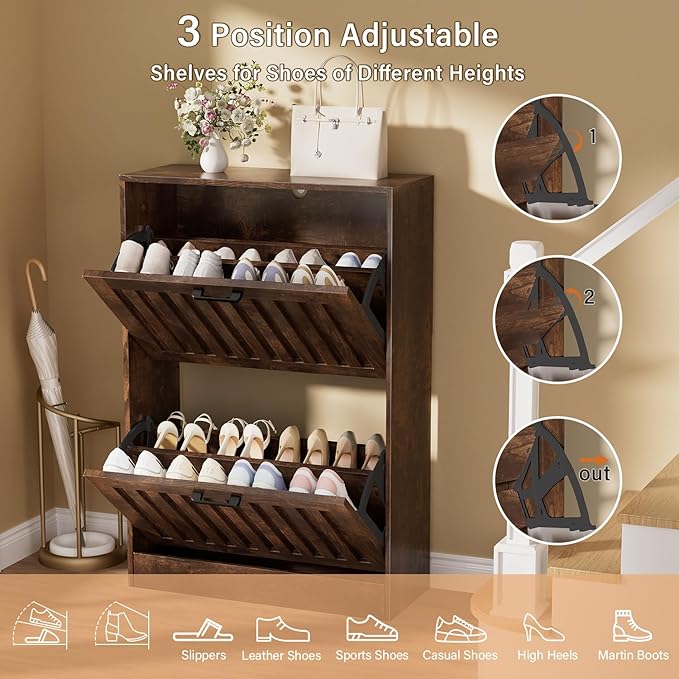 Shoe Storage Cabinet for Entryway with 2 Flip Drawers, Wooden Shoe Organizer with Adjustable Shelf, Freestanding Wood Fluted Panel Shoes Cabinet Closed Shoe Rack for Hallway, Foyer, Walnut-NeatNest