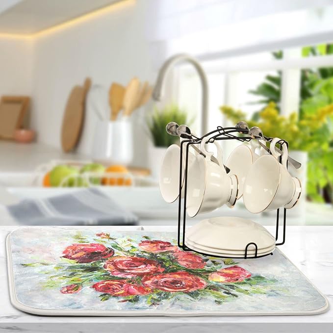 Absorbent Dish Drying Mat for Kitchen Counter - Red Rose Oil Painting Microfiber Drying Pad, Reversible Drainer Mats for Countertop, Large 18" x 24"