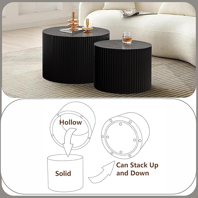 Nesting Coffee Table Set of 2 Wood Circle Drum Coffee Tables Set Contemporary Fluted Coffee Table Round Wooden Coffee Tables for Living Room & Small Space (Black, 27.5 +19.6in)