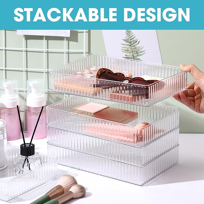 8 Pcs Clear Drawer Organizers Bins Stackable Makeup and Vanity Organizer Trays Clear Plastic Drawer Organizers Set for Office Desk Dividers(9.9 x 6.3 x 1.8 Inches)