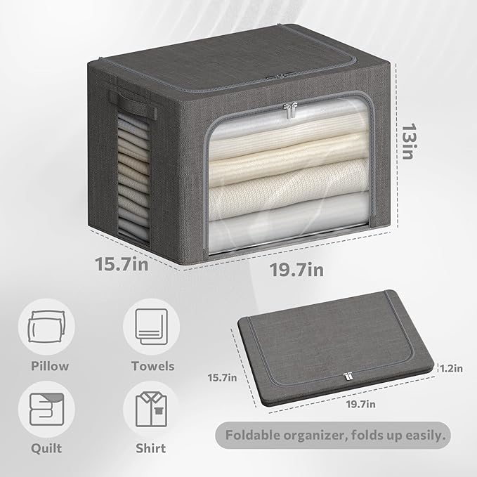 4 Pack Clothes Storage Bins with Metal Frame - Linen Fabric Foldable Stackable Container Organizer Set with Clear Window & Carry Handles & Zippers (Dark Gray, 19.7"x15.7"x13")-NeatNest