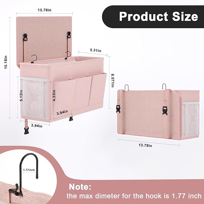 Dual-purpose Bedside Caddy Bedside Organizer, Bed Caddy with 6 Pockets, Versatile Bedside Storage Solution Magazine Remotes holder, ideal for Home, Dorm, Hospital, Crib Bed (Pink)-NeatNest