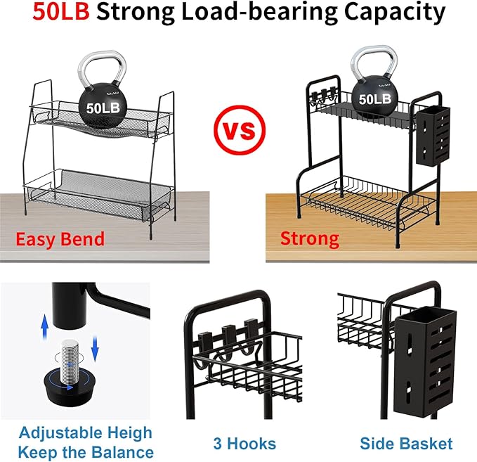Bathroom Countertop Organizer With Toiletries Basket, 2 Tier Bathroom Counter Storage Rack with Adjustable Feetpad, No-Screw Caddy Stand for Vanity, Sturdy Metal Wire Black, Medium 12.8''L x 7.2''W