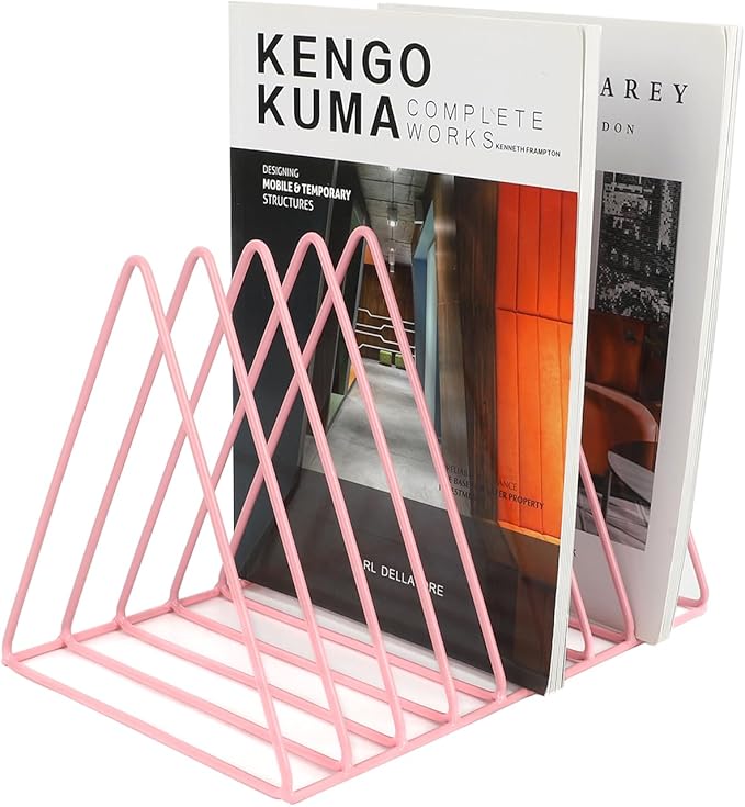 EASEPRES Vinyl Record Holder Storage, 9 Slot Metal Magazine Book Album Display Rack, Stylish Triangle Desktop File Sorter Organizer for Home Office, Pink Pack of 2