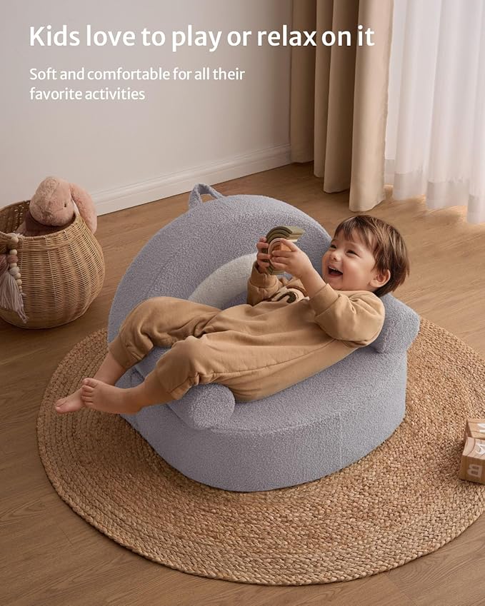 Blissful Diary Toddler Chair Comfy, Foam Kids Chair with Soft Teddy Plush, Toddler Reading Armchair for 1 2 3+ Year Old Girls Boys Baby Birthday Gift, Light Gray Arclet-NeatNest