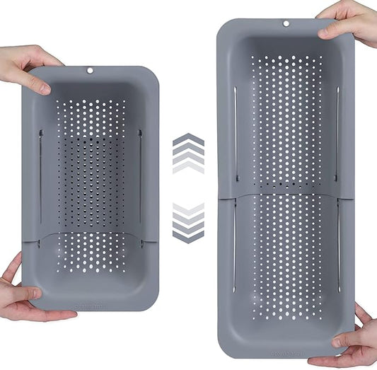 BLUE GINKGO Over the Sink Colander Strainer Basket - Wash Vegetables and Fruits, Drain Cooked Pasta and Dry Dishes - Extendable - New Home Kitchen Essentials (7.9W x 14-19L x 2.75H) - Gray-NeatNest