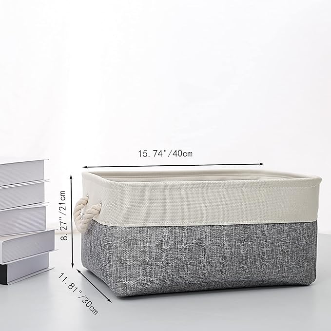 Fabric Storage Basket Set of 3, Foldable Linen Storage Box for Nursery and Home, Collapsible Canvas Shelf Basket for Wardrobe or Bedroom, Grey and White