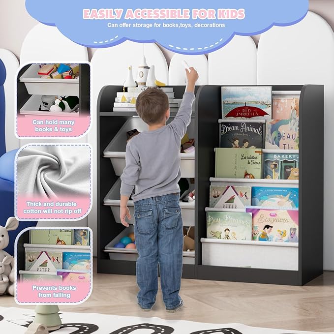 Black Kids Wood Bookshelf Toy Storage Box Organizer Shelf W/4 Removable Plastic Toy Bins Children Bookcase Toddler Baby Sling Book Rack Cabinet Chest Girl Boy Gift Playroom Classroom Bedroom Nursery-NeatNest