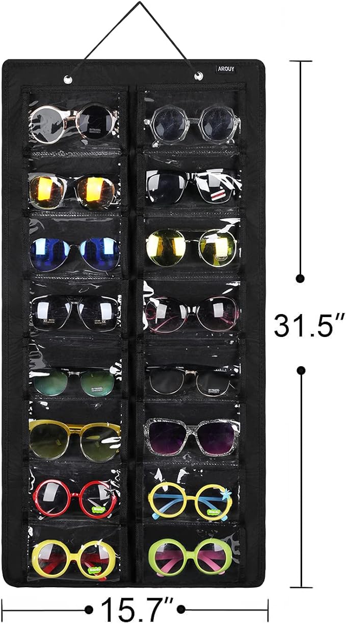AROUY Sunglasses Organizer Storage, Hanging Dust Proof Wall Pocket Glasses Organizer - 16 Felt Slots Sunglass Organizer Holder with Metal Hook and Sturdy Rope (Black, Dust Proof)-NeatNest