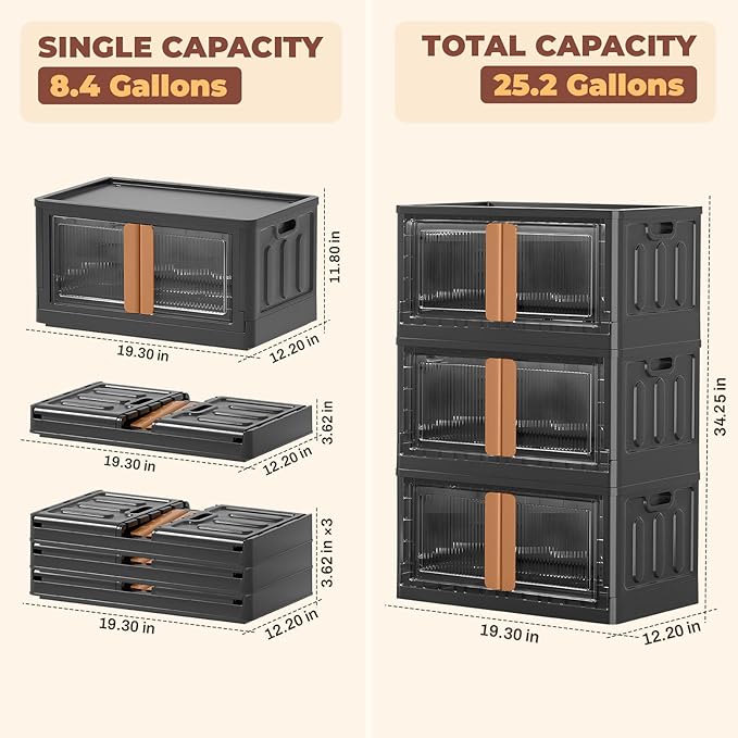 FAHKNS 3 Pack 8.4 Gallon Collapsible Storage Boxes, Lidded Storage Box with Door and Wheels for Books, Towels and Toys, Folding Storage Box for Home, Black