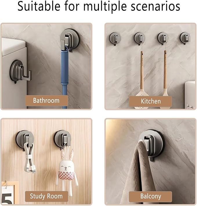 Aluminum Metal Heavy-Duty Suction Cup Bathroom Towel Hook Door Mounted Clothes Hook Wardrobe Sticky Hook no Drilling no Damage to The Wood Board Removable (Grey 2 Pack)