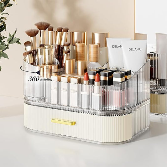 Delamu Makeup Organizer for Vanity with Stackable Drawers, 360 Rotating Makeup Brush Holder Large Cosmetic Display Case for Dresser, Bathroom Countertop Skincare Organizers and Storage, Elegant White-NeatNest