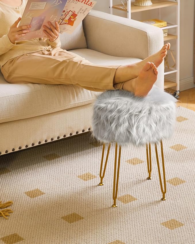 IBUYKE Round Faux Fur Vanity Stool with Storage, Furry Makeup Chair Ottoman, Soft Padded Seat, Round Footrest Footstools with 4 Metal Legs, for Living Room Bedroom Entryway, Gray WBD021G