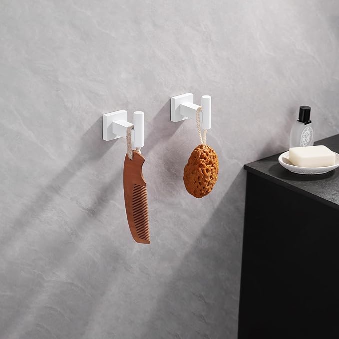 GERZWY Bathroom Hooks, Towel Robe/Coat Clothes Hook Stainless Steel Hanger Wall Hooks Heavy Duty for Bath Wall Mounted 2 Pack, White