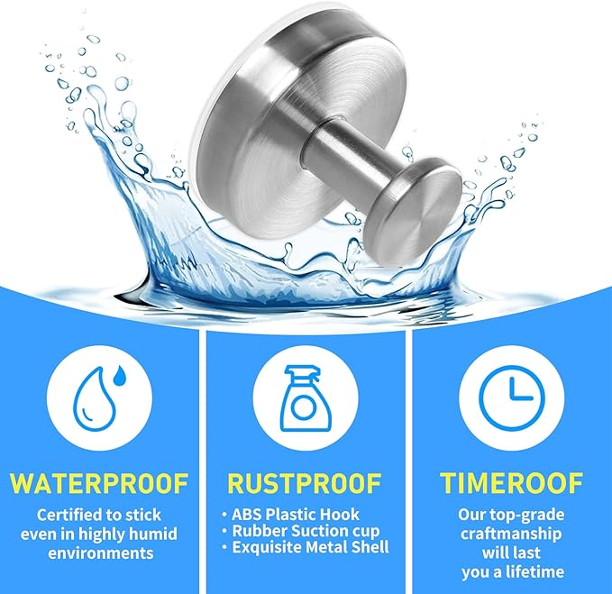 2 Pack Suction Cup Hooks for Shower, Exquisite Metal Shell & No Drill suction hooks for shower wall for Bathroom Wall, Kitchen, Glass, Mirror, Tile to Hang Towels, Robes, Loofah - Wire-Drawing Silver