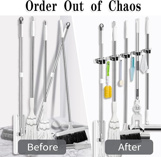 2 Pack Mop and Broom Holder Wall Mount, 5 Racks and 4 Hooks Broom Organizer Storage Tool Racks Stainless Steel Heavy Duty Hooks Self Adhesive Solid Non-slip for Home Kitchen Garden Laundry Garage-NeatNest