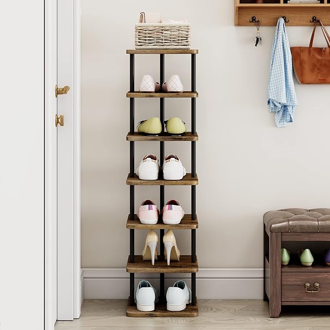 AZERPIAN Shoe Rack 7 Tier Vertical Storage Organizer Narrow Metal Slim Shelf Modern Free Standing Shoe Tower Saving Space for Closet Entryway Bedroom,Black+Rustic Brown-NeatNest