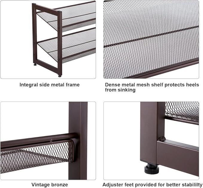 SONGMICS Shoe Rack, 2-Tier Shoe Organizer, Metal Shoe Storage for Garage, Stackable Shoe Shelf, with Adjustable Flat or Angled Shelves, 8-10 Pairs, Bronze ULMR02A-NeatNest