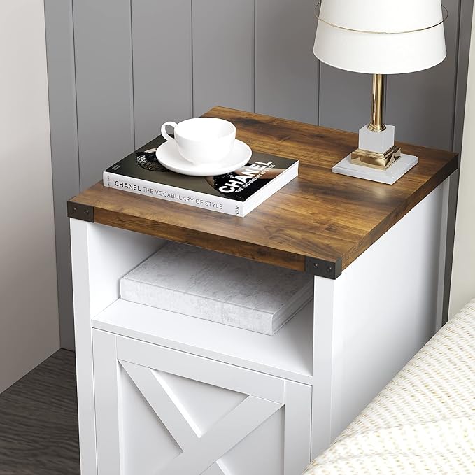 Farmhouse Nightstand, Side Table, End Table with Barn Door and Shelf, Modern Bed Side Table End Table, Rustic Nightstands Set for Bedroom, Living Room, White