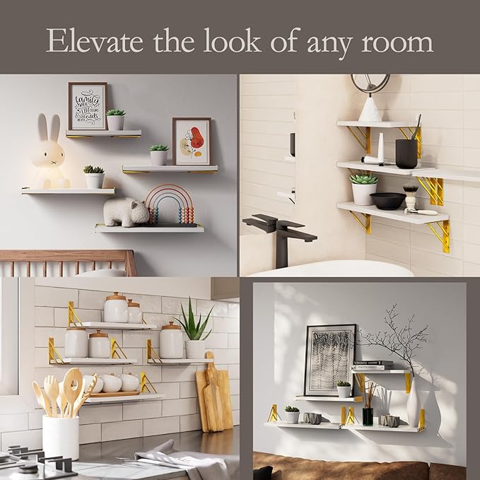 BAYKA Wall Shelves for Bedroom Decor, Floating Wall Shelves for Living Room Kitchen Storage, Wall Mounted Rustic Wood Shelves for Kids Books, Corner Shelf for Bathroom(White and Gold,Set of 4)-NeatNest