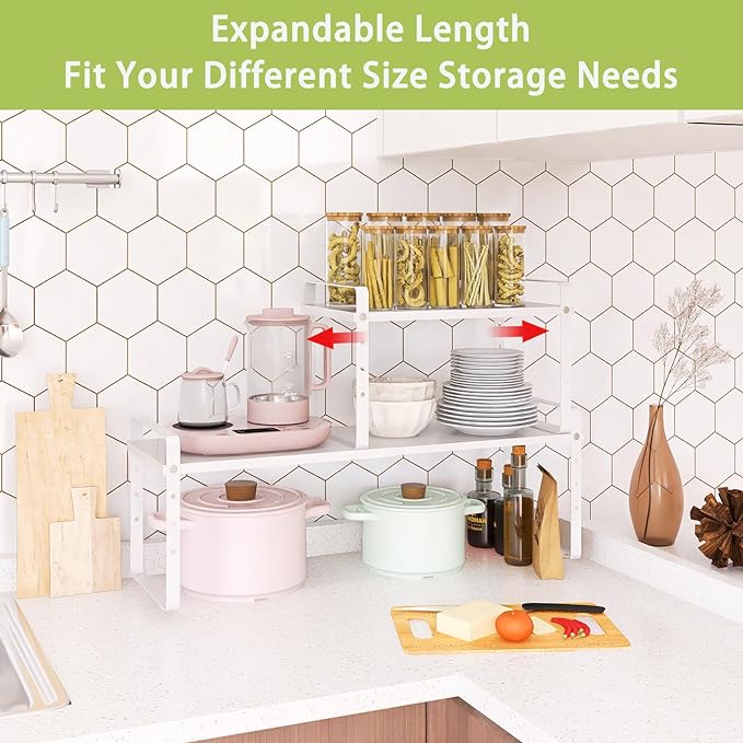 Expandable Cabinet Shelf Organizer Rack, Stackable Kitchen Counter Storage Shelves Stand, Adjustable Height Pantry Shelf Spice Rack (White, 1 Pack)-NeatNest