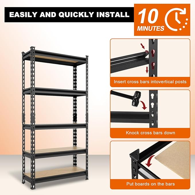 BIG RED Storage Shelving Unit, 5-Tier Adjustable, Heavy Duty Metal Garage Shelves/Utility Rack for Kitchen, Pantry, Basement, Bathroom, Laundry - 2,000 lbs Capacity, Black, 72" H x 35" W x 12" D-NeatNest