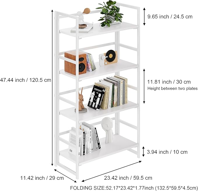 BHG Vintage Multifunctional Folding Bookshelf, No-Assembly Plant Stand Storage Rack Shelves for Home Office (All White, 4-Tier)-NeatNest