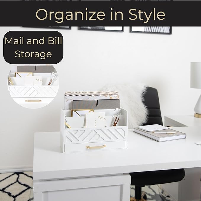 BLU MONACO White Wooden Mail Organizer with Drawer and Gold Handle – Desk Accessories for Office Organization and Storage – Home, Office, and Classroom Supplies-NeatNest