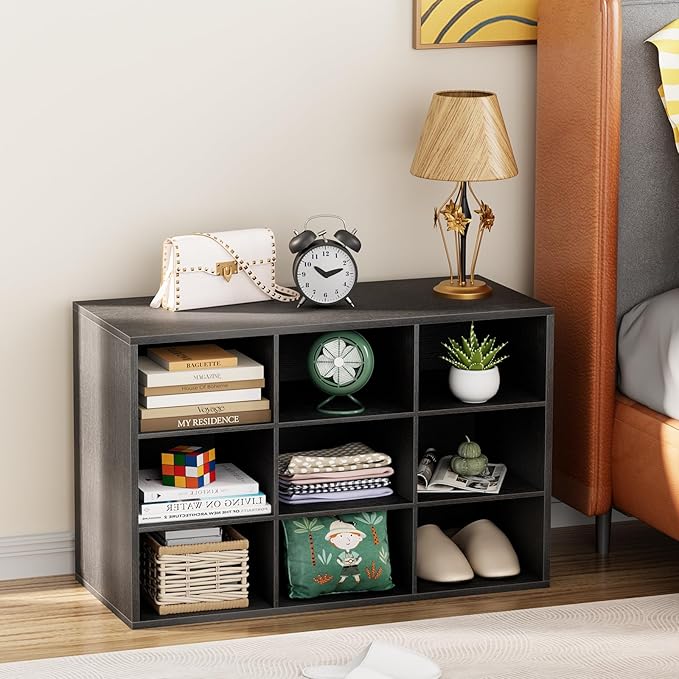 Garden 4 you Shoe Storage Bench, Cubby Shoe Rack with 9 Cubbies, 3-Tier Wood Shoe Rack Organizer, Shoe Organizer Cabinet for Entryway, Hallway, Closet and Garage, Black-NeatNest