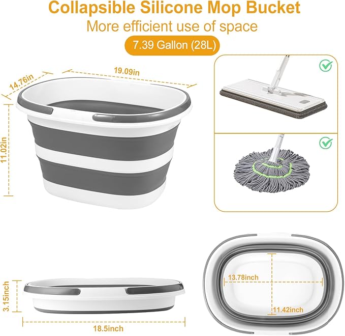Large Collapsible Bucket for Cleaning or Organzier, 7.39 Gallon (28L) Cleaning Mop Bucket with Handle, Portable Water Bucket for Mopping, Car Washing, Laundry Storage, Camping, Fishing, Space Saving