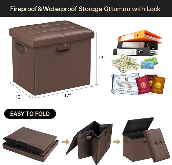 DocSafe Storage Ottoman Foot Rest Stool with Lock & Handle, Fireproof Folding Leather Footstool Bench with Storage Safe for Living Room Bedroom, Home Office, Dorm, 17x13x13in, Brown-NeatNest