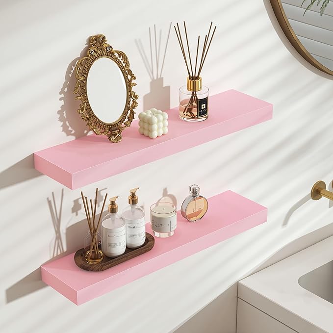 BAMEOS Pink Floating Shelves for Wall, 24" x 6" Wall Shelves for Room, Floating Book Shelves, Hanging Shelves for Bedroom, Bedroom, Living Room, Kitchen (Set of 2)-NeatNest